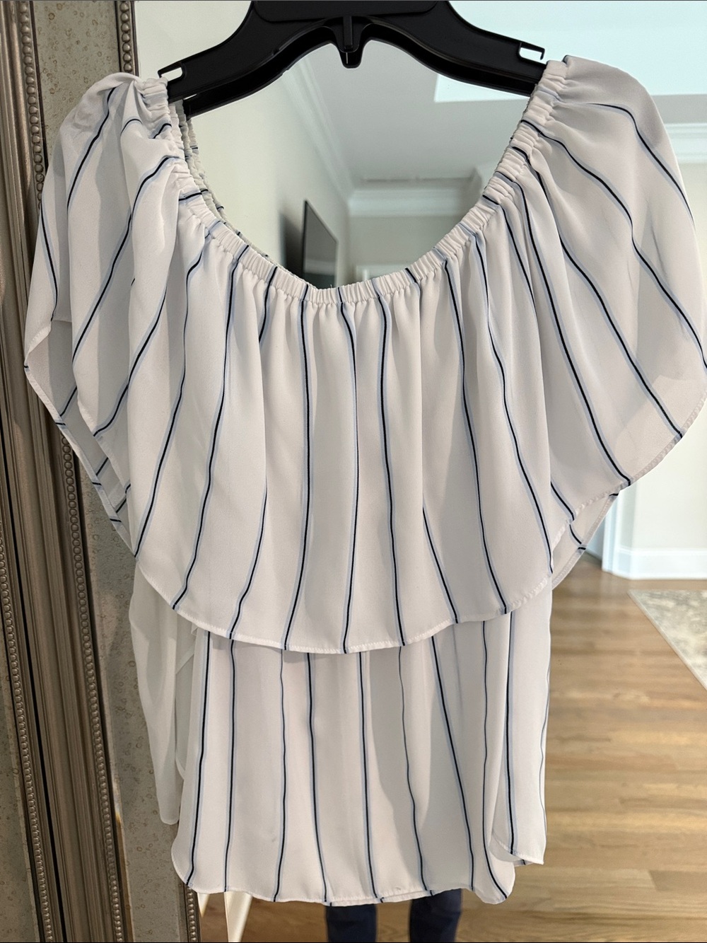 Striped Off-Shoulder White and Navy Blouse